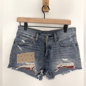 LEVIS 501  HIGH RISE BUTTON FLY PATCHWORK DISTRESSED DENIM SHORTS Size 27